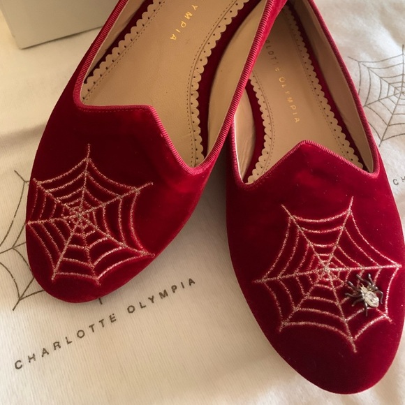 NIB- CHARLOTTE OLYMPIA Spiderweb Flats - Crimson Red Velvet - Size 8 - Authentic - Picture 2 of 4